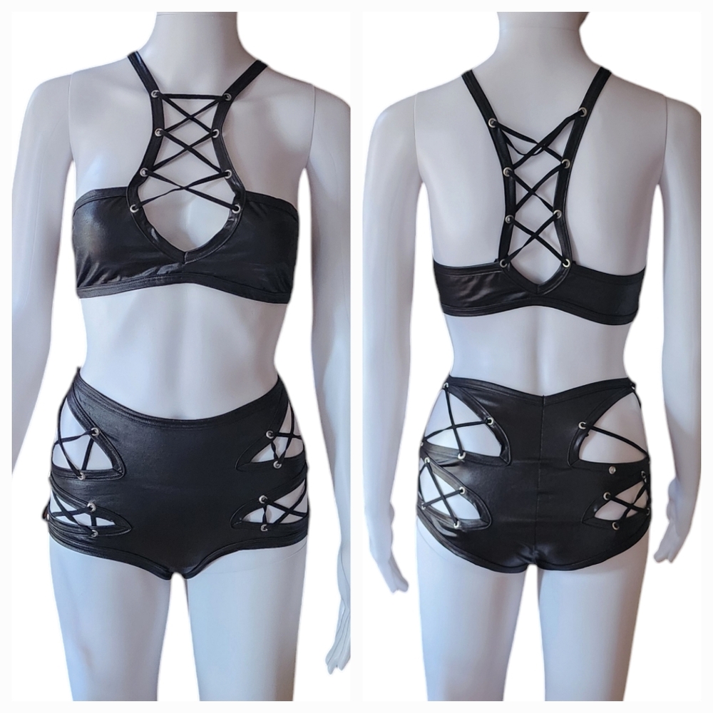 New- Mapale Lingerie Leather Look Strappy Bra with Matching Brief - Picture 3 of 13